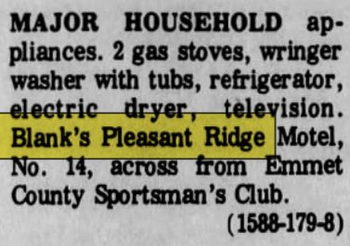 Blanks Pleasant Ridge Motel and Cabins - June 1972 Ad Selling Contents